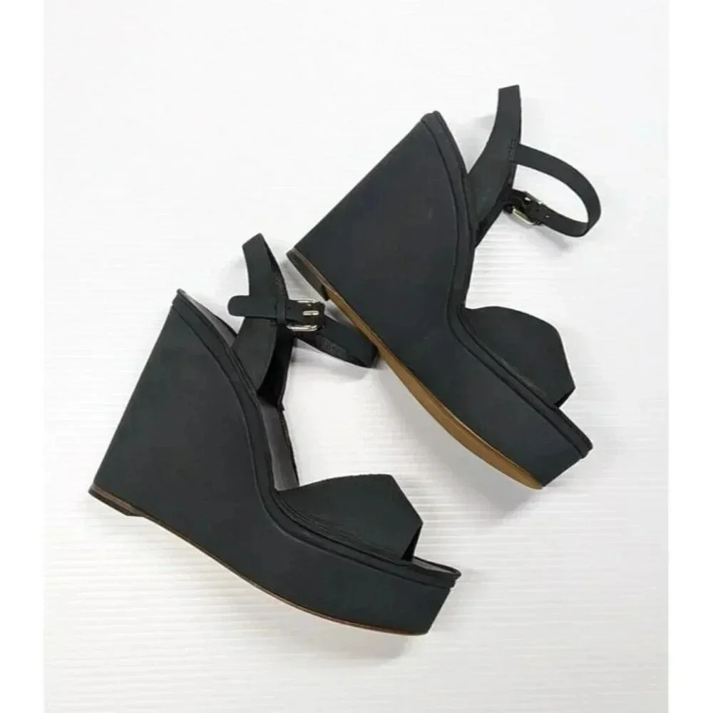 Joie Hindy Women's Platform Wedge Sandal Black Leather Size 8 M (MSRP $298)